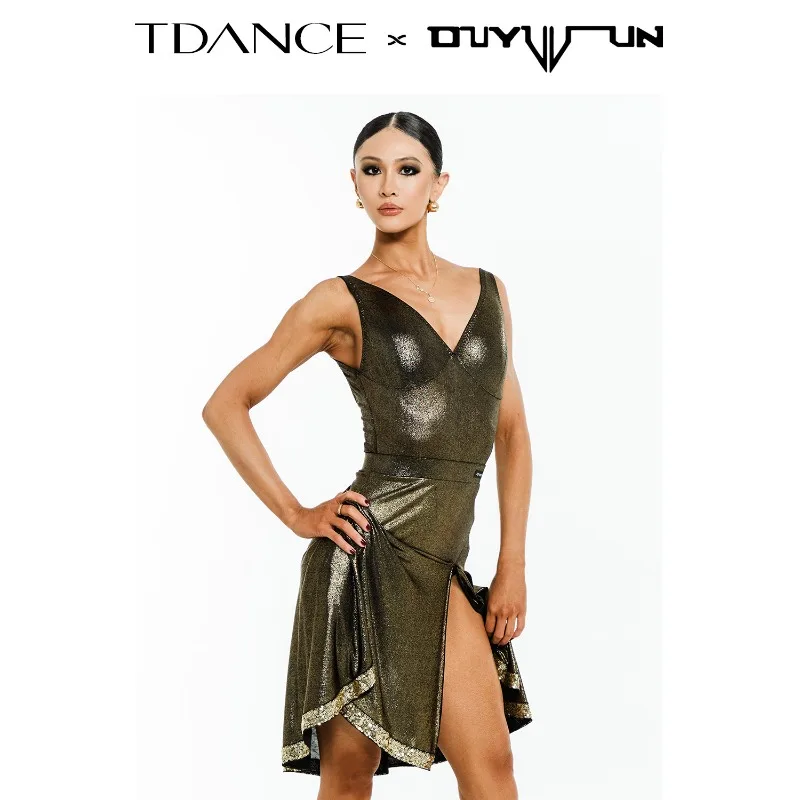 Demi-jupe pivotante en cuir brillant personnalisée, tenue d'entraînement avec paillettes embellissantes pour femme latine