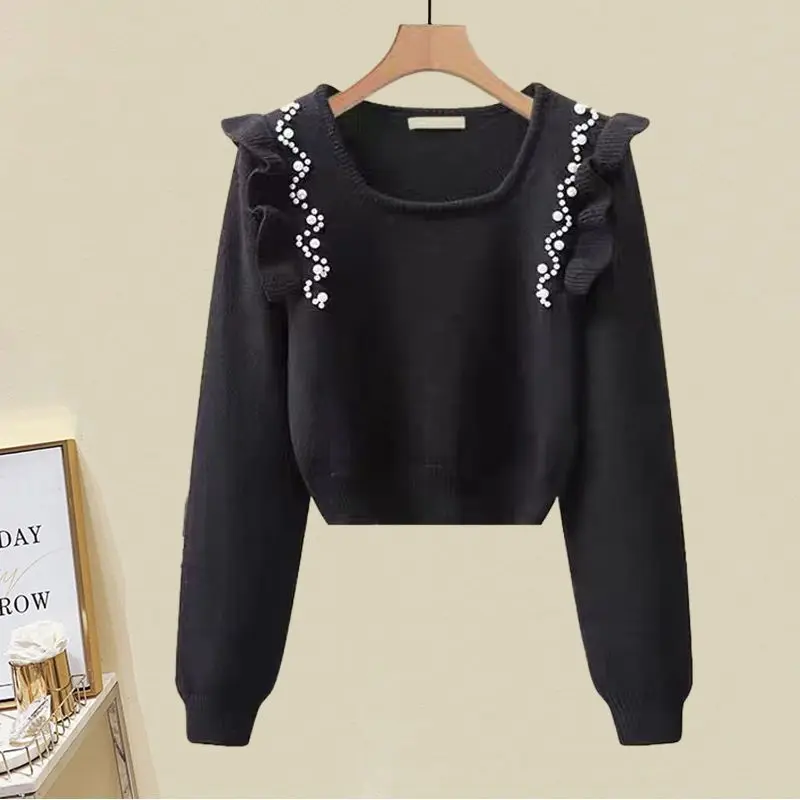 Women\'s French Spring Autumn Suit Fashion Elegant Pearl Ruffle Beaded Sweater Top Knitted Shirt Split Half Skirt Two Piece Sets