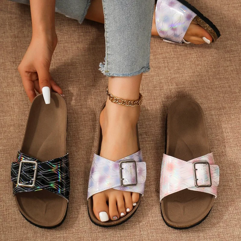 

Женские пробковые тапочки, новые летние модные женские туфли с регулируемыми пряжками в стиле ретро, повседневные пляжные сандалии большого размера, шлепанцы