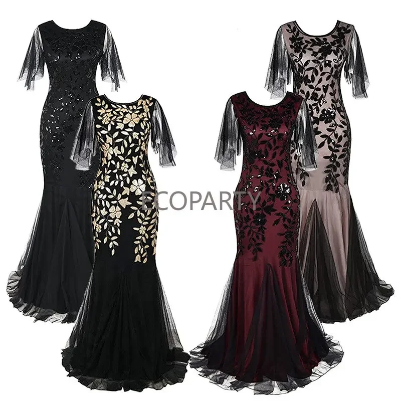 

Women 1920s Great Gatsby Dress Long 20s Flapper Dress Vintage Round Neck Sequins Beads Maxi Party Mesh Prom Gown Elegant Dress