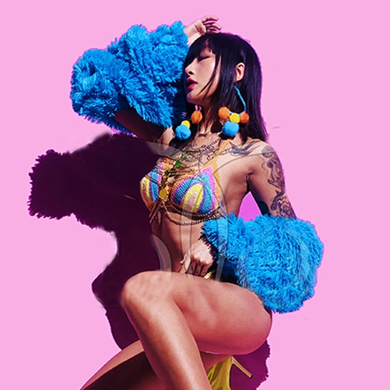 

Candy Color Sexy Bikini Pole Dance Costume Plush Sleeve Nightclub Gogo Dancing Stage Clothes Rave Festival Clothing