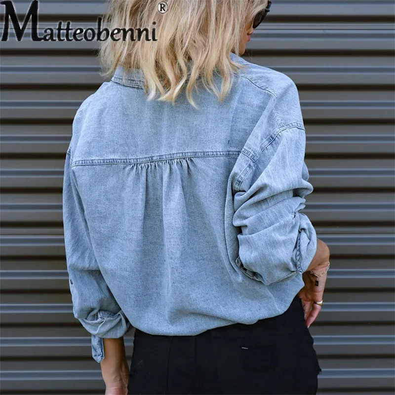 Spring Autumn Casual Thin Section Cardigan Denim Shirt Women\'s Versatile Basic Loose Blouse Female Splicing Pocket Lace-up Tops