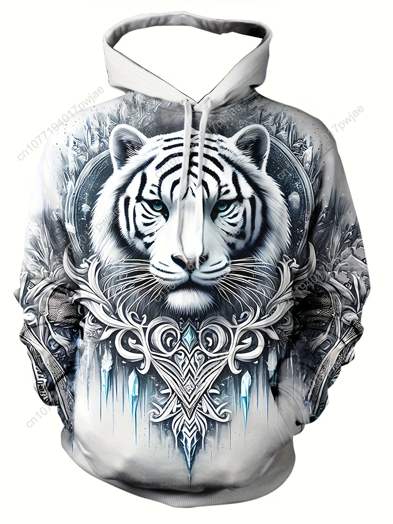 Men's 3D Ice Snow World White Tiger Graphic Hoodie - Long Sleeve Casual Pullover with Drawstring Pocket, Winter Forest Print S