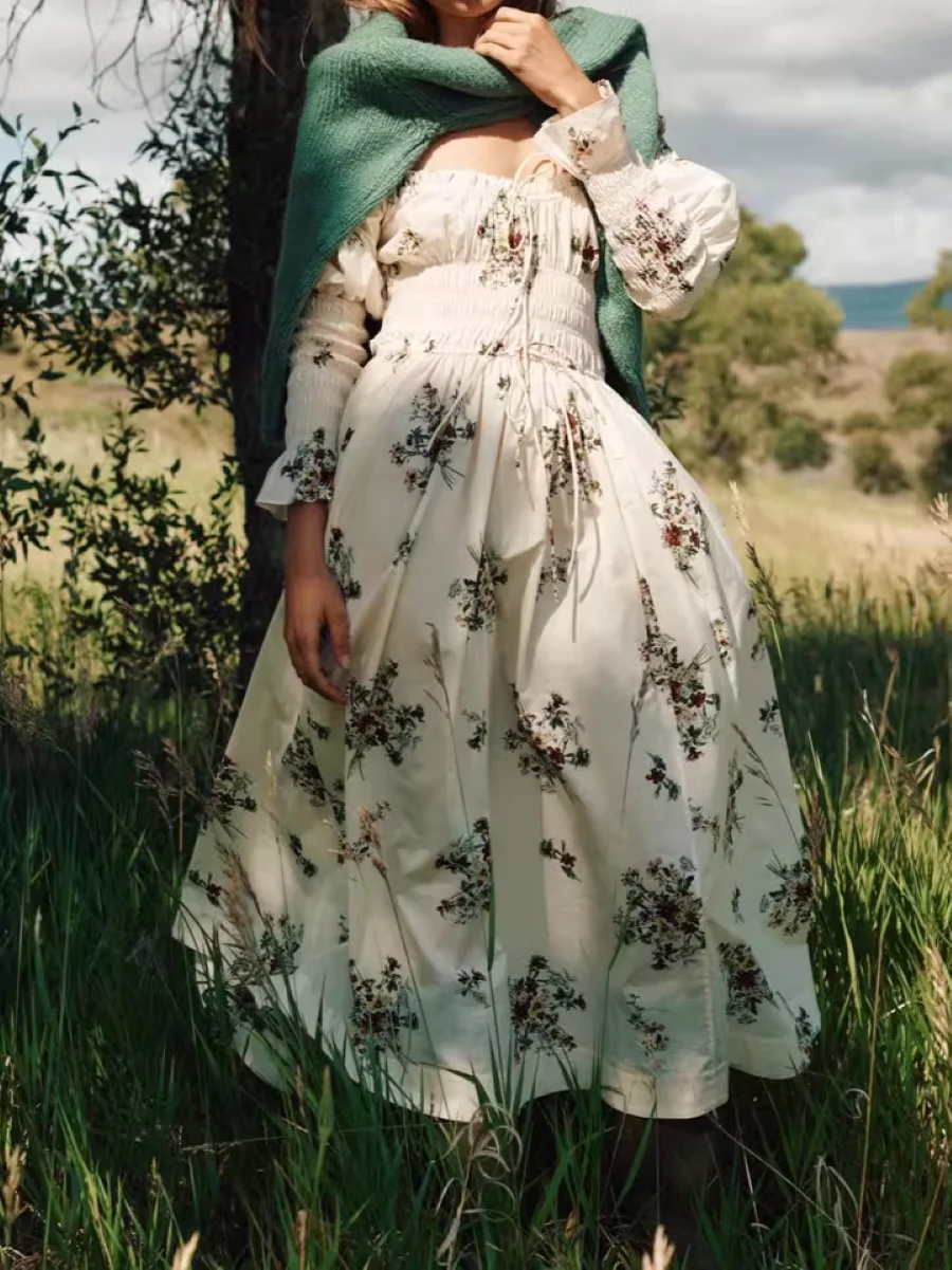 Robe longue en coton pour femmes, imprimé floral, bord à volants, col en U, manches bouffantes, taille élastique, élégante, Vintage