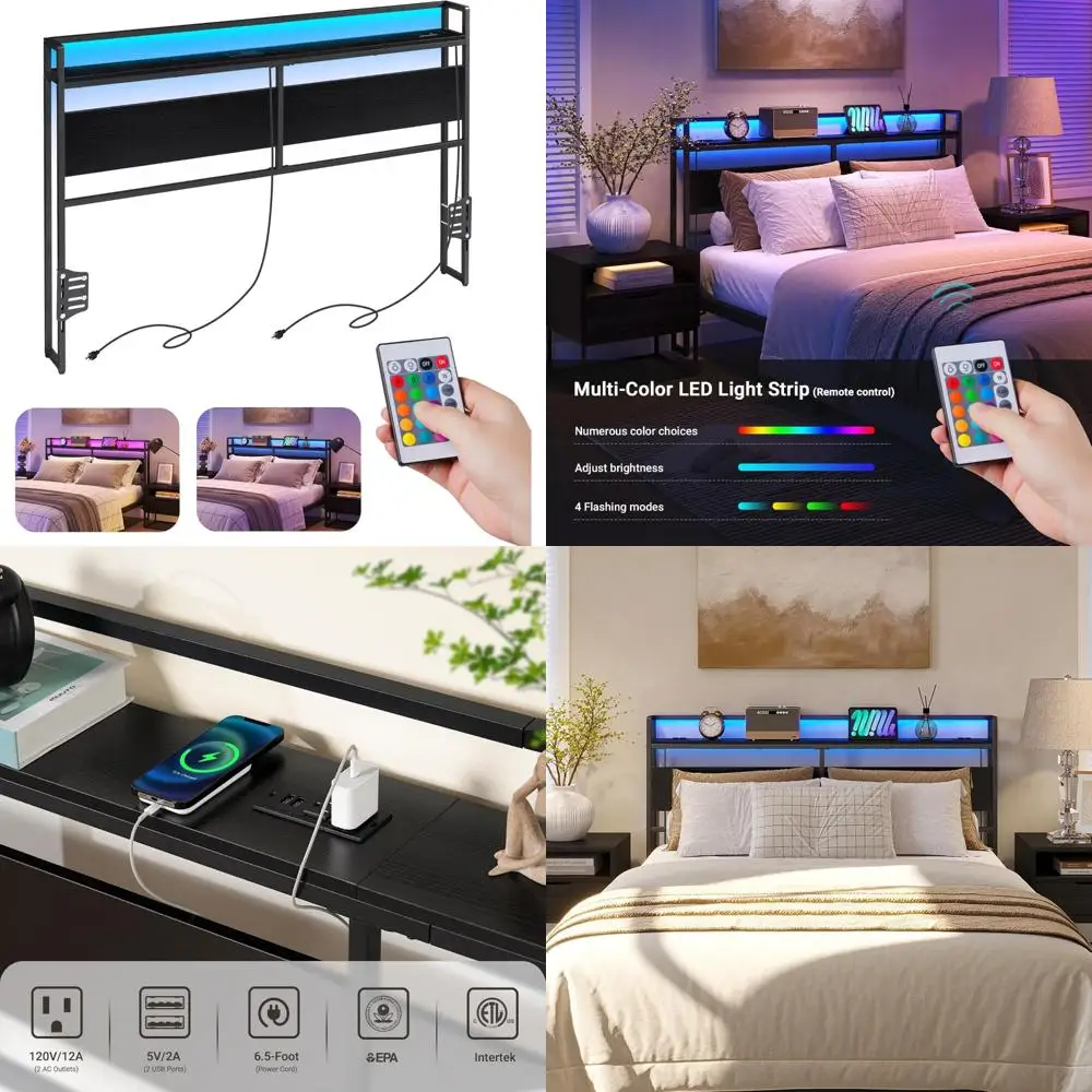 Queen Size Bed Headboard with Outlets, USB Port, LED Light, Shelf, Freestanding Sturdy Backboard for Enhanced Comfort and Conven