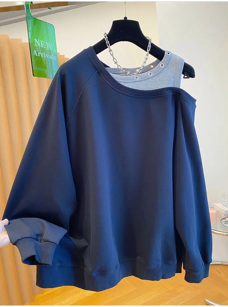 Fake Two Piece Casual Oversized Off Shoulder Sweatshirt Tops Women Designer Hollow Out Sweatshirt Fall Hoodie Jacket Outwear