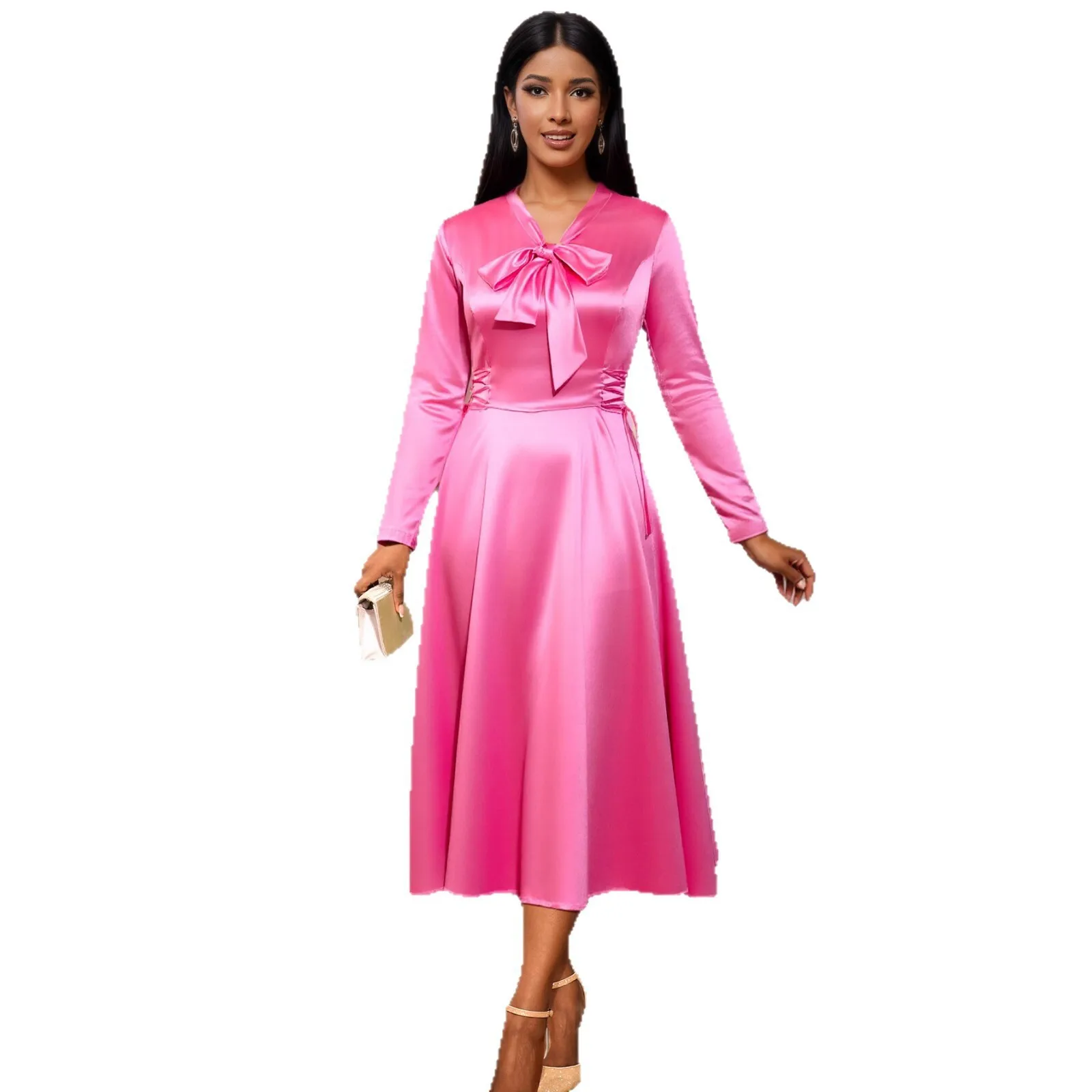 가을 새틴 스탠드 칼라 긴팔 드레스 우아한 리본 허리 조임 이브닝 가운 2025 여름 드레스 로브 베스티도 여성용