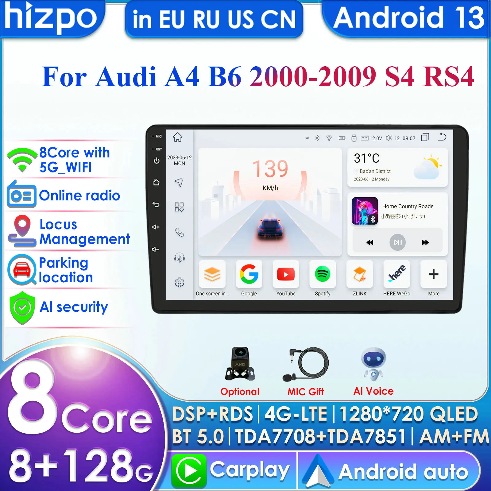 Hizpo 4G 9'' AI Intelligent Systems CarPlay Android Auto Radio for Audi A4 2000 - 2009 S4 B6 B7 RS4 Seat Exeo Car Multimedia GPS