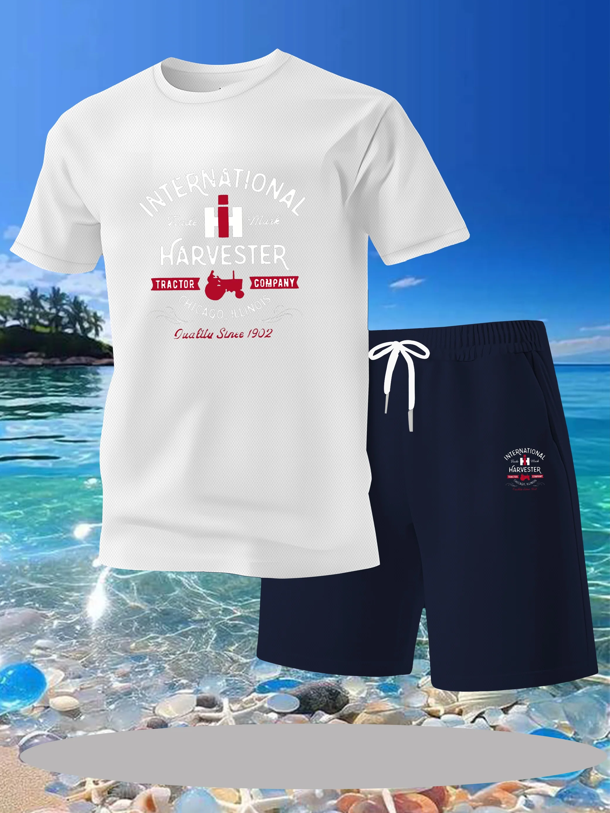 

Men's casual summer two-piece set - short sleeved round neck T-shirt with printed drawstring shorts suitable for outdoor trainin