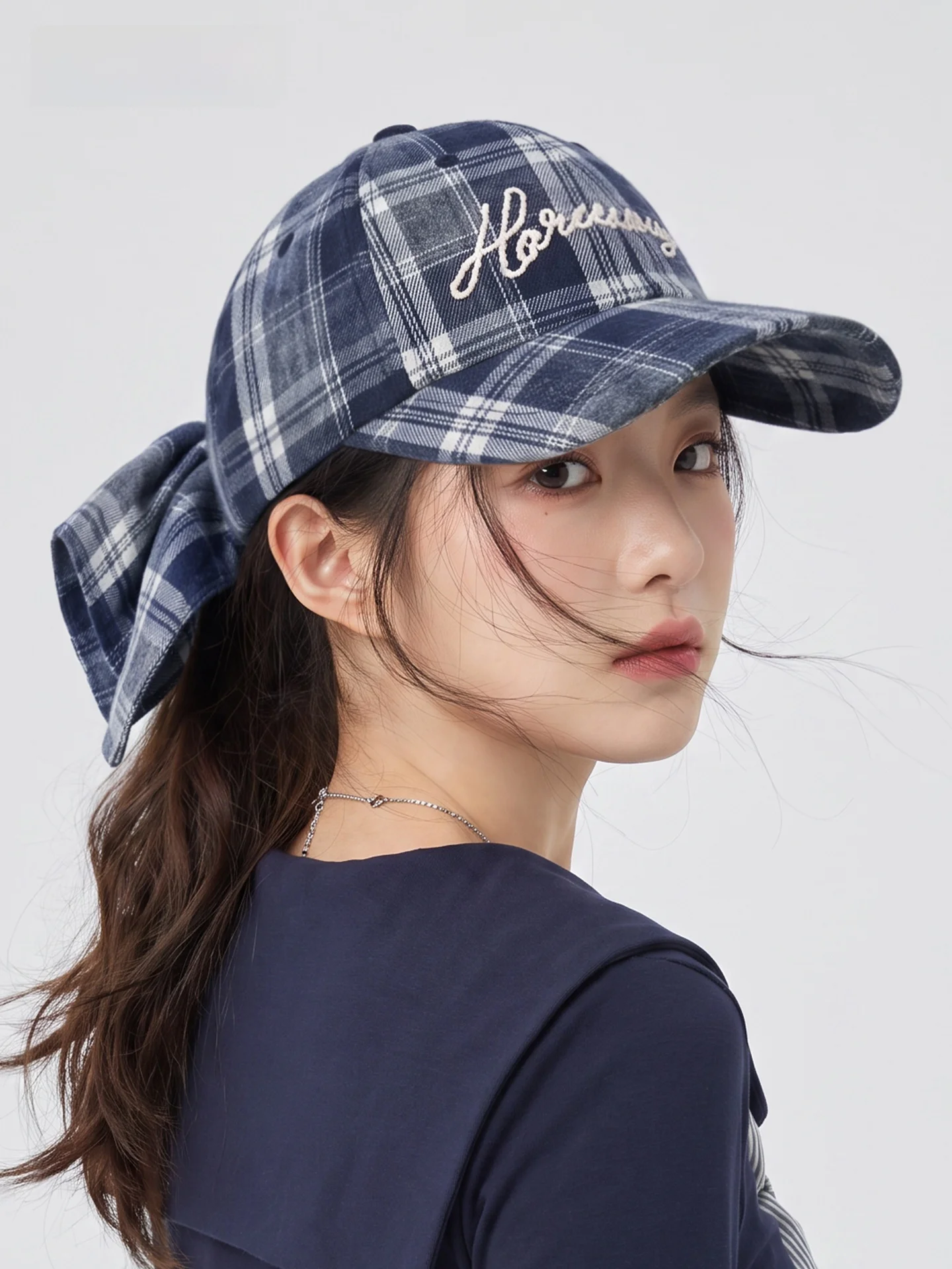 cacuss-women's-winter-baseball-cap-embroidered-bow-tie-duckbill-hat-face-slimming-tartan-pattern-adjustable-round-top-cap