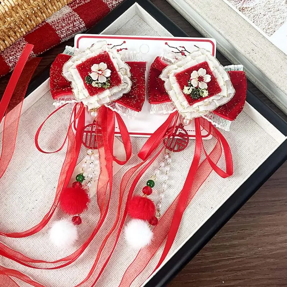 

2pcs Lion Children's Chinese Hairpin Ball Bow New Year Ribbon Barrettes Tassel Golden Lock Embroidered Bow Headwear Girls