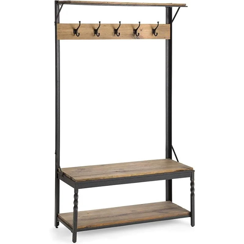 

Rustic Coat Rack with Bench 5 Double Hooks 2 Shelves 500 lbs Capacity Easy to Assemble 40"Wx6"Dx68"H