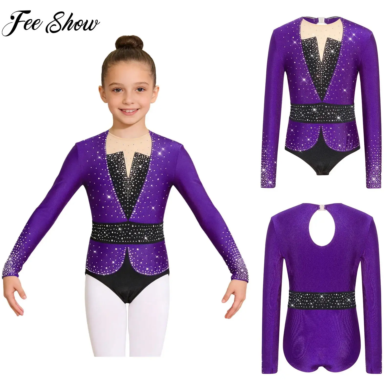 

Rhythmic Gymnastics Leotards for Girls Kids Ballet Dance Costume Long Sleeve Rhinestones Color Block Figure Ice Skating Bodysuit