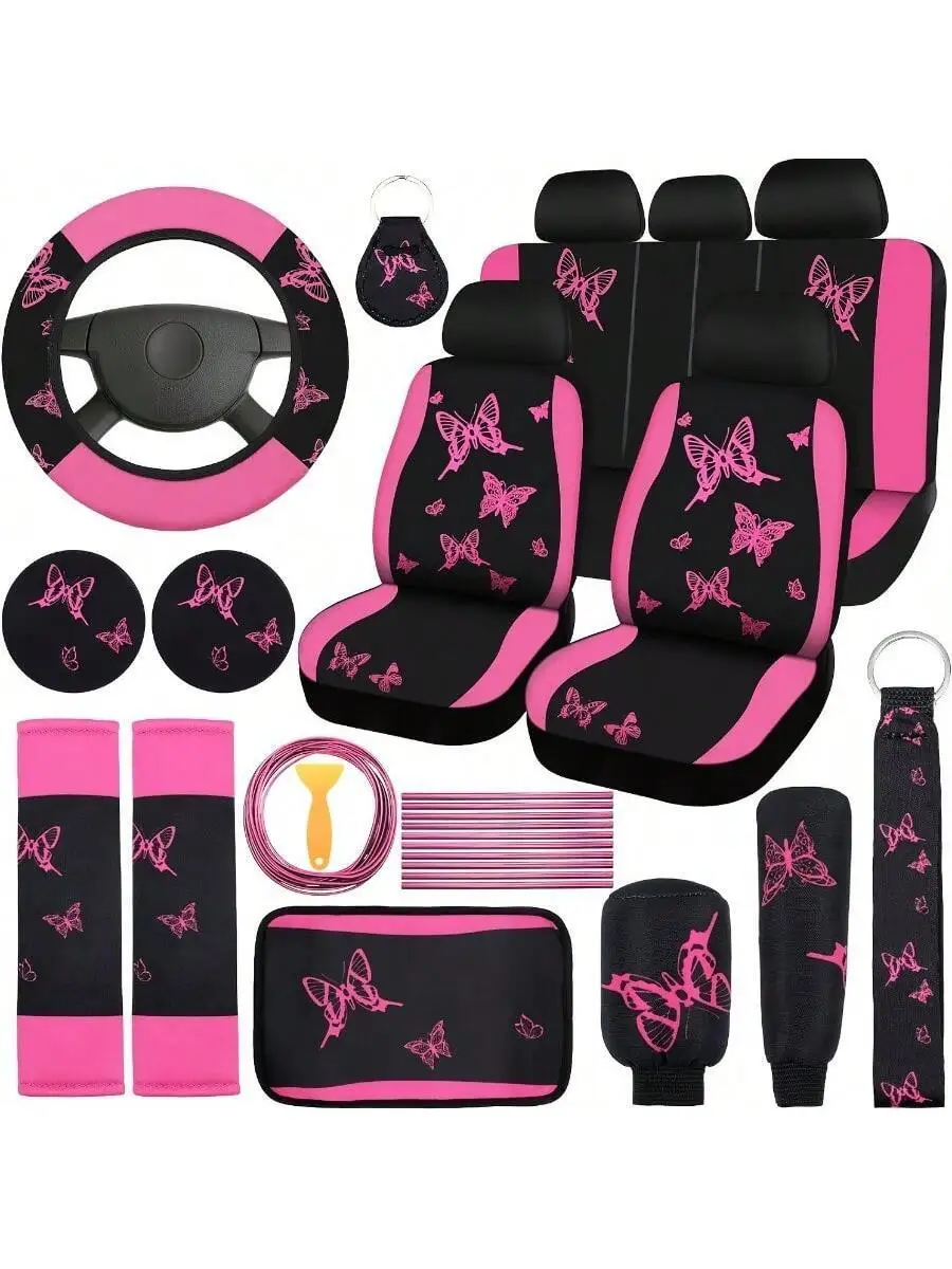 

Pink Butterfly Car Seat Cover Set With Steering Wheel Cover, Armrest Cushions, Seat Belt Covers And Coasters