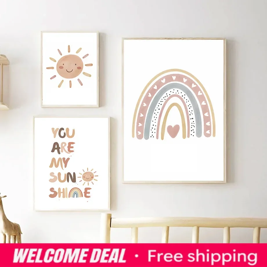 Pink Rainbow Sun Moon Clouds Flowers Wall Art Canvas Painting Custom Baby Name Posters And Prints Pictures Girl Kids Room Dec