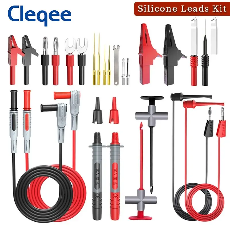 Cleqee P1300SDL Silicone Test Lead kit 4mm Banana Plug Cable Test Hook Clip Multimeter Probe Alligator Clip Automotive Tool Kit