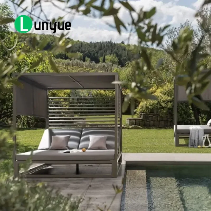 Aluminum Frame Outdoor Sun Bed Lounger with Nordic White Canopy Garden Furniture for Hotel Swimming Pool Patio Sofa Bed