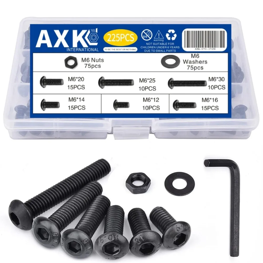 225PCS M6 x 12/14/16/20/25/30mm Button Head Hex Socket Cap Screws Bolts Nuts Washer Assortment Kit 10.9 Grade Alloy Steel Black