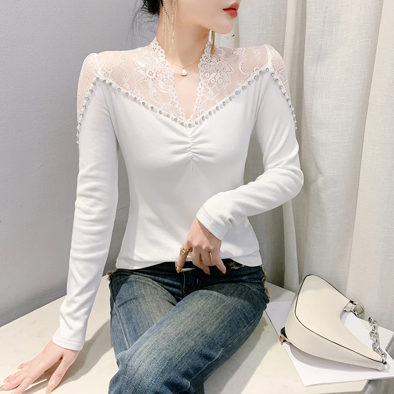 New Autumn Winter Long Sleeved V-Neck Women\'s T-Shirt Elegant Slim Sexy Hollow Out Beading Mesh Tops M-3XL Clothing