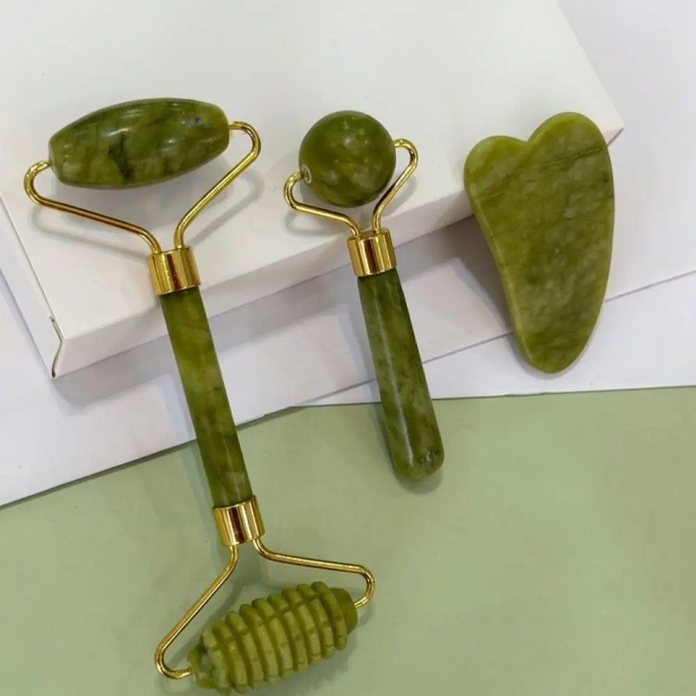 Natural Green Xiu Jade Roller Massage Set Guasha Board Skin Tightening Beauty Tool For Face Body Relaxation Therapy