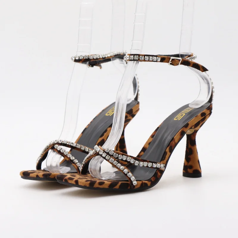 

Fashion Women's Shoes 2022 Summer New Square Toe Open Toe Crystal Strap High Heels Sexy Leopard Print Women's Sandals Size 42