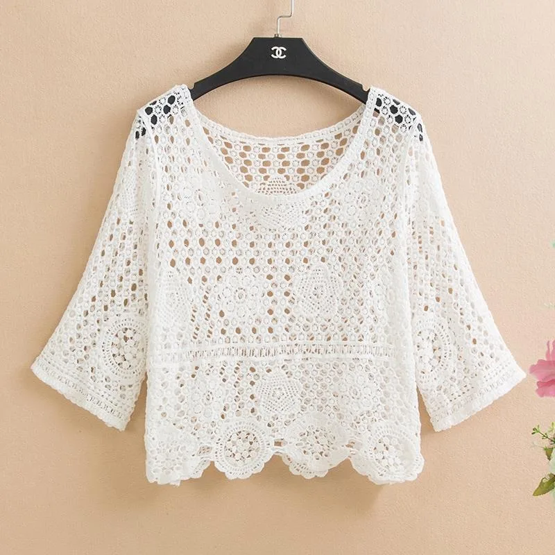 Lace hollowed shawl knitted short camisole sun protection thin jacket with middle sleeve outer matching skirt cover for women