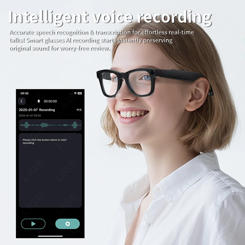 Умные очки LIGE 8 МП, HD AI-камера, солнцезащитные очки с Bluetooth-вызовом, аккумулятор 300 мАч, голосовой помощник, проверка идентификации объекта, подарок на 2025 год