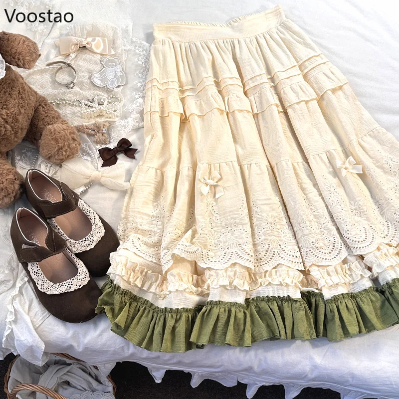 Mori menina estilo lolita midi saia feminina vintage bordado renda floral arco babados saias longas feminino pradaria chique festa saia