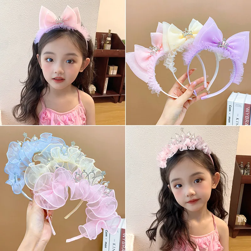 Headbands For Kids Girl Princess Hairbands Crystal Crown Mesh Bow Knot Flower Child Hair Accessories Korean Handmade Wholesale