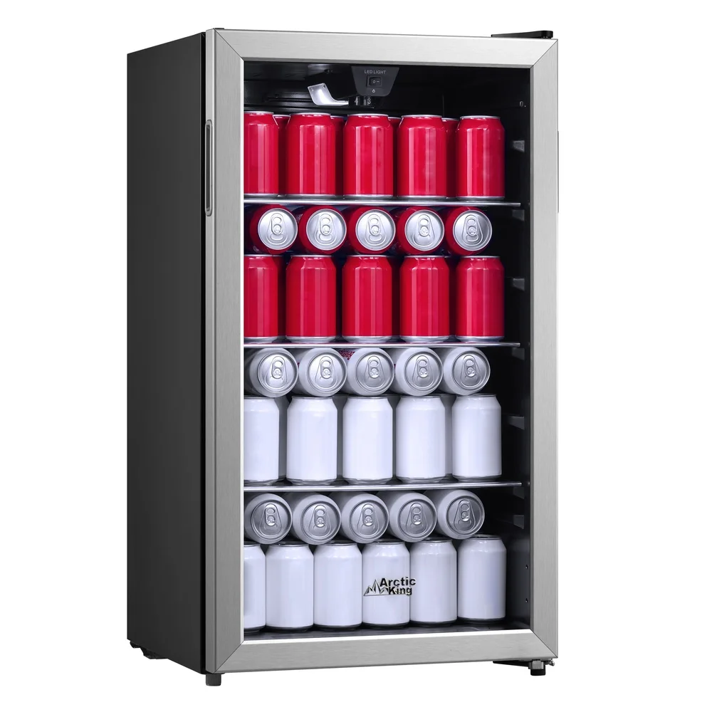 115 Can Beverage Fridge Cooler Adjustable Temperature Stainless Steel Look Compact Design Glass Door Quiet Operation Perfect