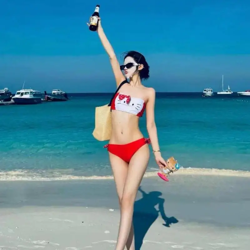 سانريو ملابس السباحة مرحبا كيتي مثير بيكيني Ins نمط Kawaii فتاة خنزير صغير الثدي مثلث زي سباحة من قطعتين الساخن الفتيات جزيرة الطيران