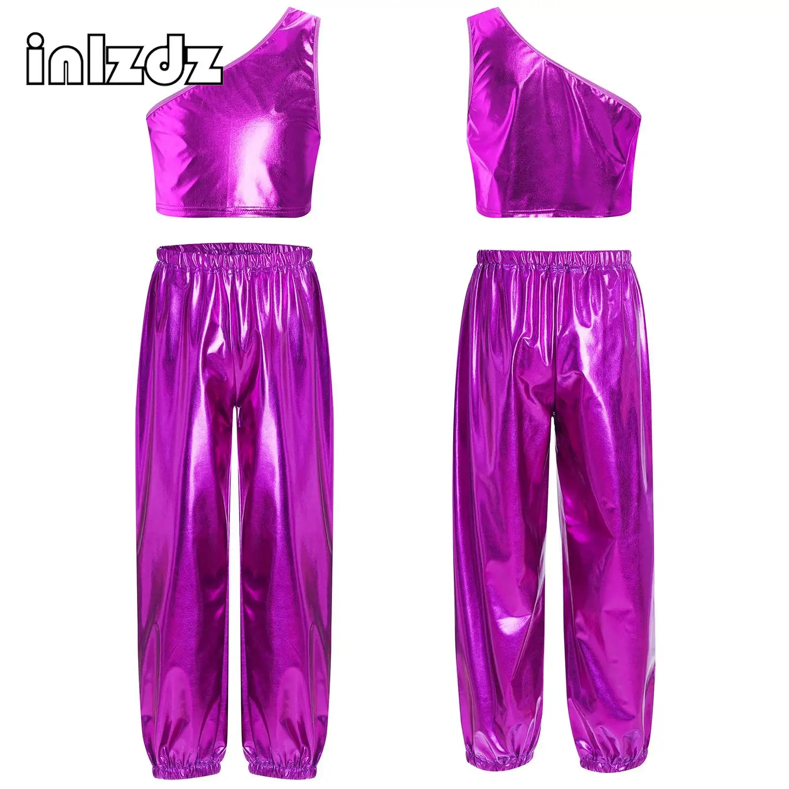 

Kids Girls Dance Party Performance Outfit One Shoulder Sleeveless Metallic Cropped Vest With Shiny Pants Jazz Dance Performance