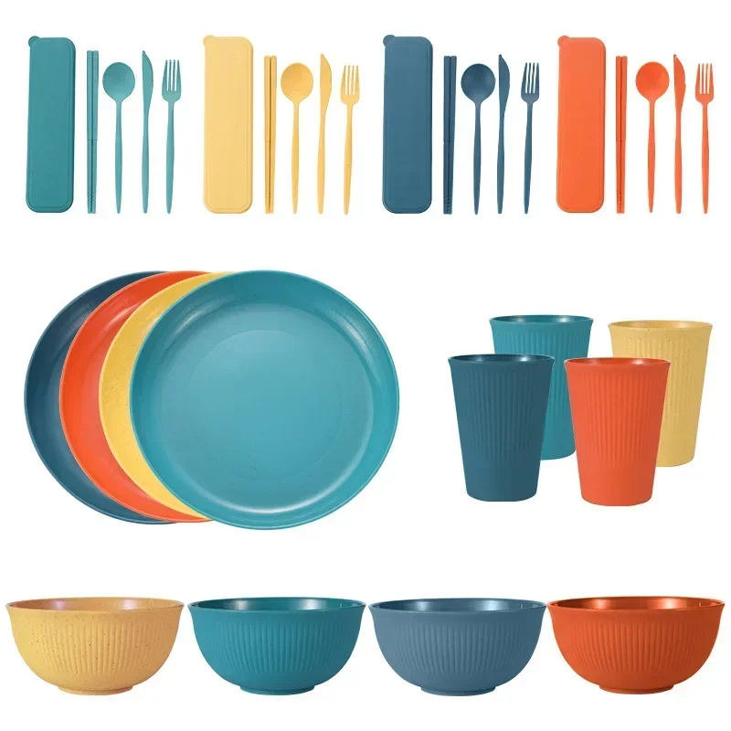 

36Pcs Wheat Straw Dinnerware Set, Bowl Tableware, Camping Dishes, Picnic Dinnerware, Portable Lunch Cutlery