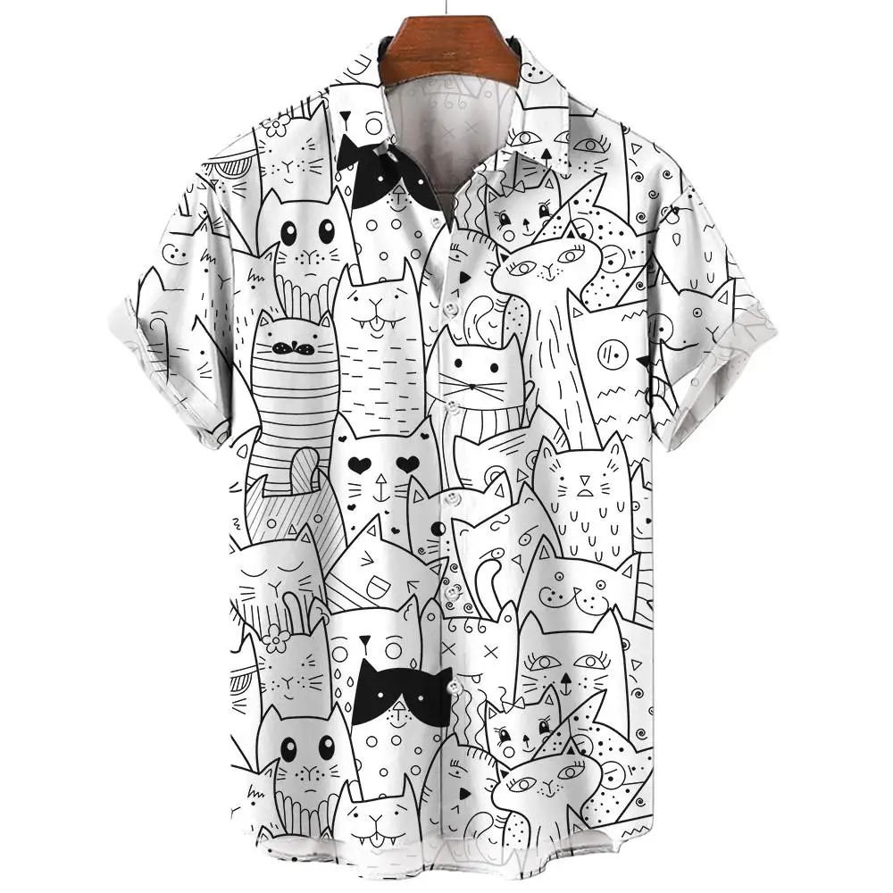 Casual Men\'s Shirts Anime Cat Graphic Shirts For Men Summer Oversized Tees Short Sleeve Tops Harajuku Streetwear Men\'s Clothing