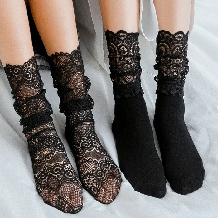 

Women's Black Lace Stockings Hollow Transparent Lace Stockings Pure Cotton Japanese Fleece Socks Quilt Color Princess Socks