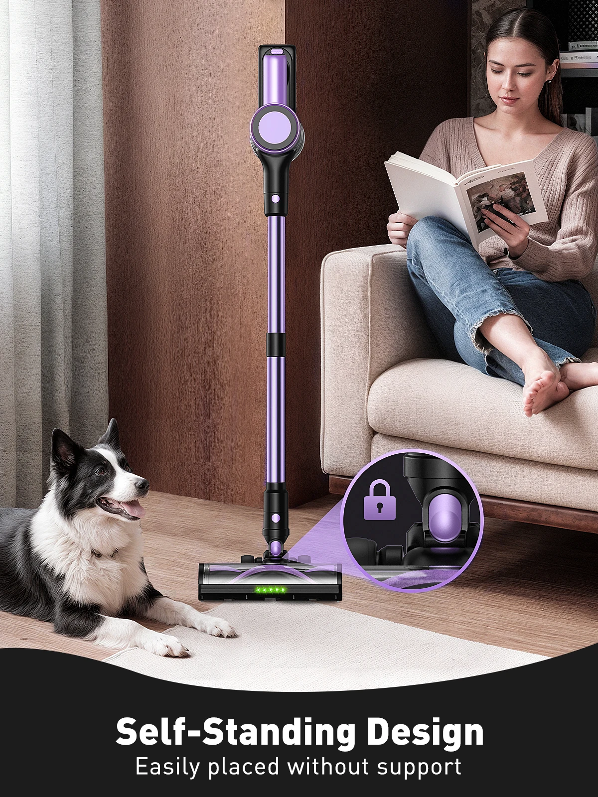 Cordless Vacuum Cleaner, 46KPa/500W Stick Vacuum with 55 Mins Runtime, Self-Standing Vacuum Cleaner for Home,Carpet & Hard Floor