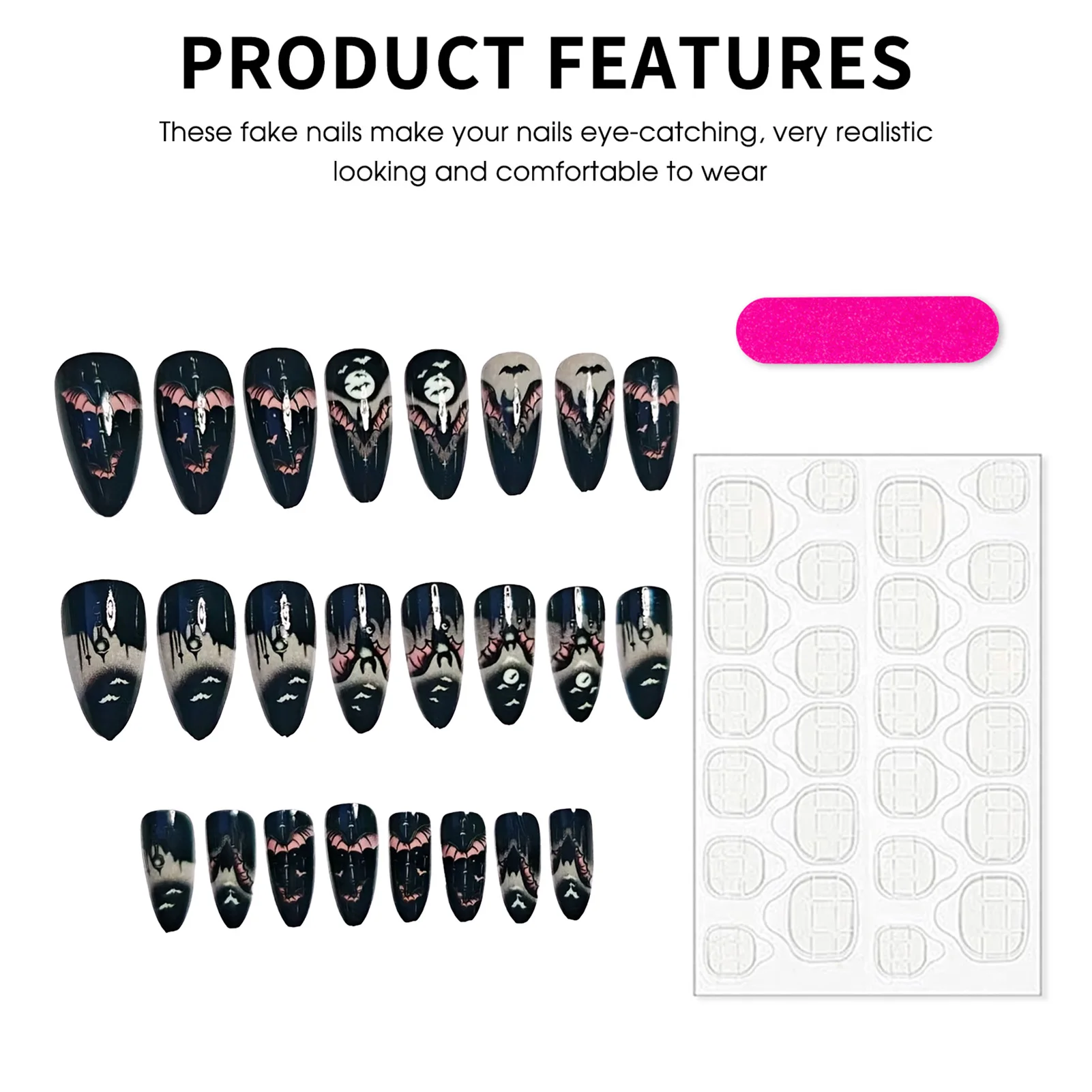 24 Stuks Halloween Nep Nagels Zwarte Amandel Druk Op Nagels Enge Vleermuis Ontwerpen Vrouwen Meisjes Charms Manicure Volledige Dekking Kunstnagels