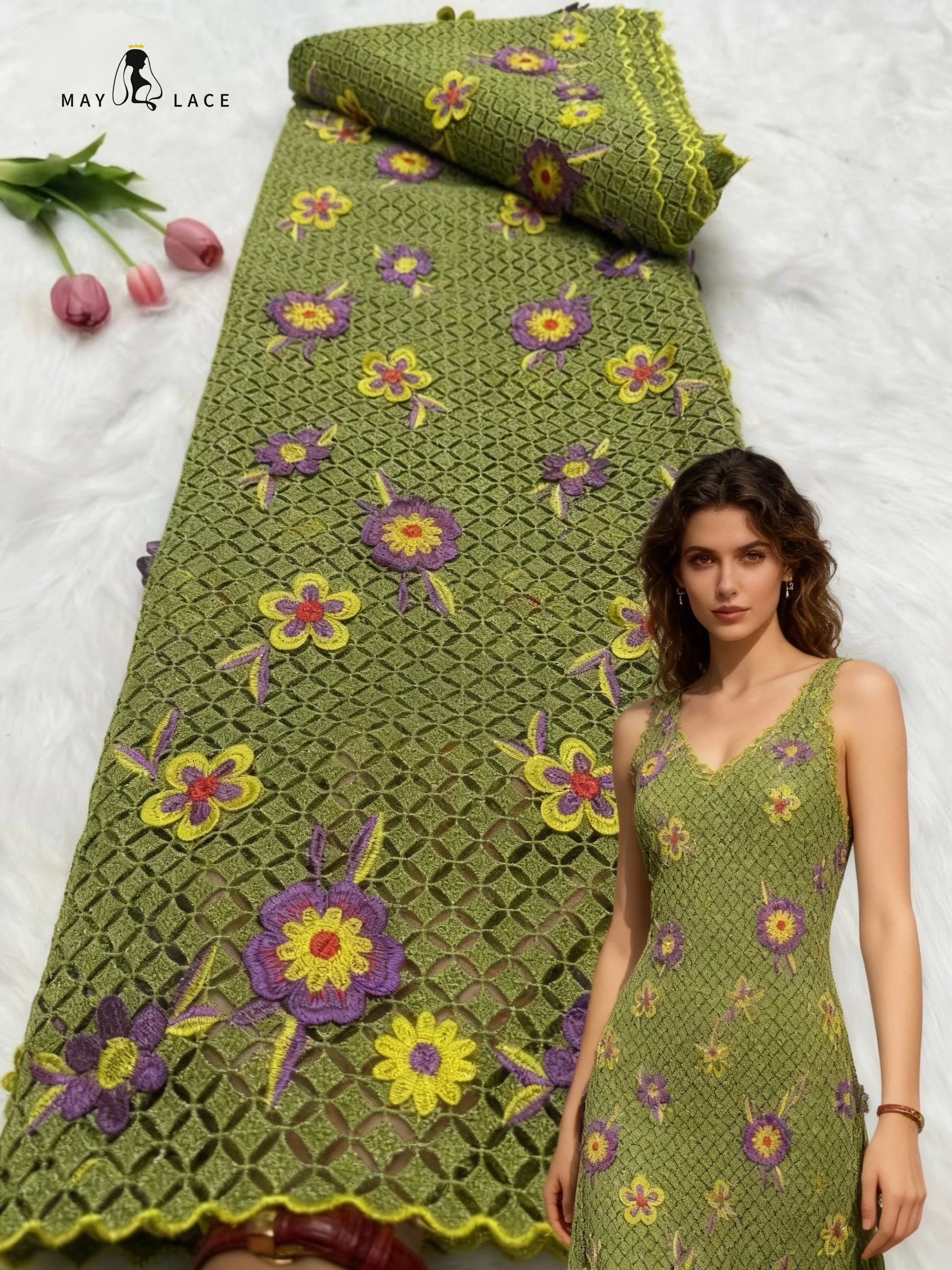 

Green African Guipure Cord Lace Fabric 2026 Style With 3D Flower Nigerian Water Soluble Lace Fabrics 5 Yards for Wedding Party