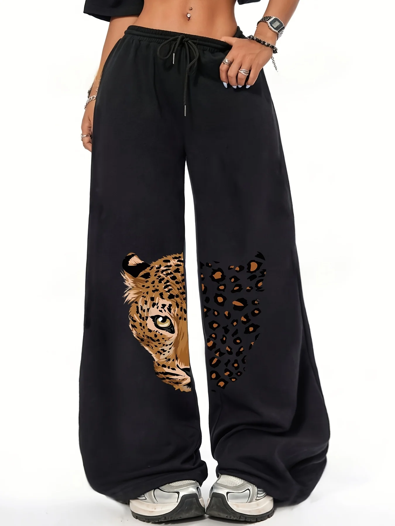 

Женские повседневные спортивные брюки в уличном стиле с леопардовым принтом, новинка весенней коллекции, флисовые, свободного кроя, оверсайз, для уличной моды