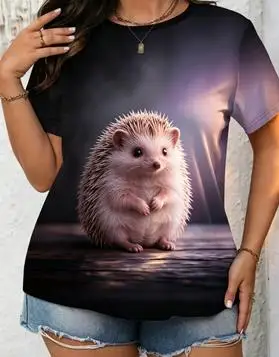 Women Adorable Hedgehog Print T‑Shirt Dark Purple Gradient Wooden Board Scene Crew Neck Short‑Sleeve Casual Tops