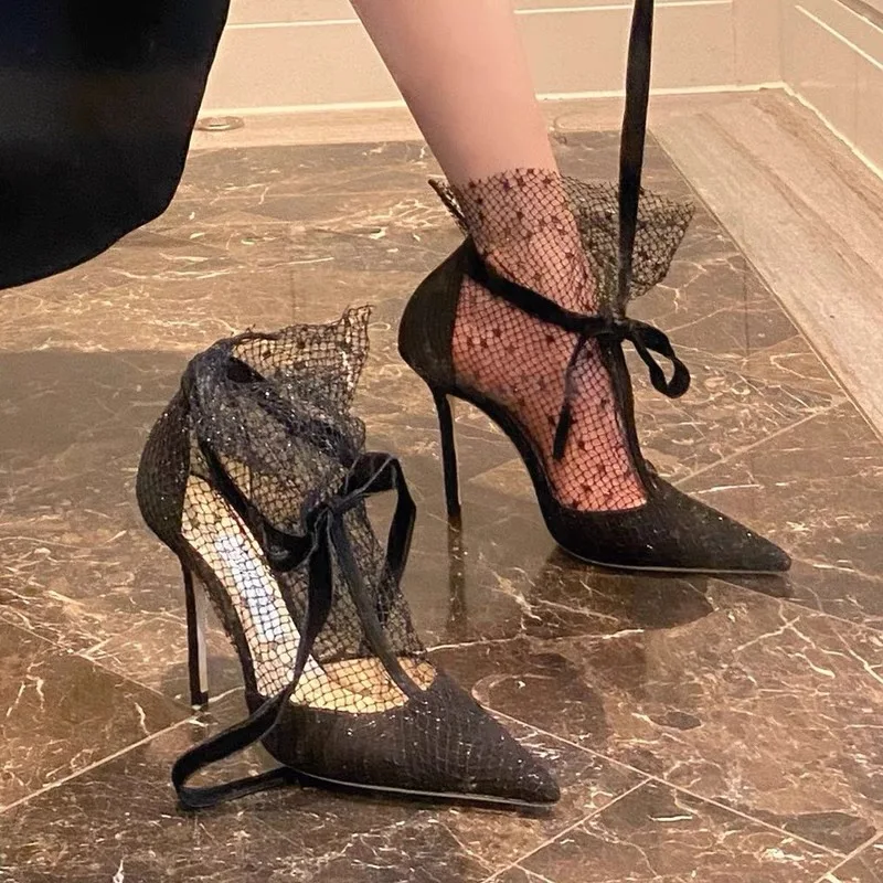 

Breathable lace mesh high heels for women's 2024 new summer internet celebrity sandals pointed toe thin heel mesh Roman sandals