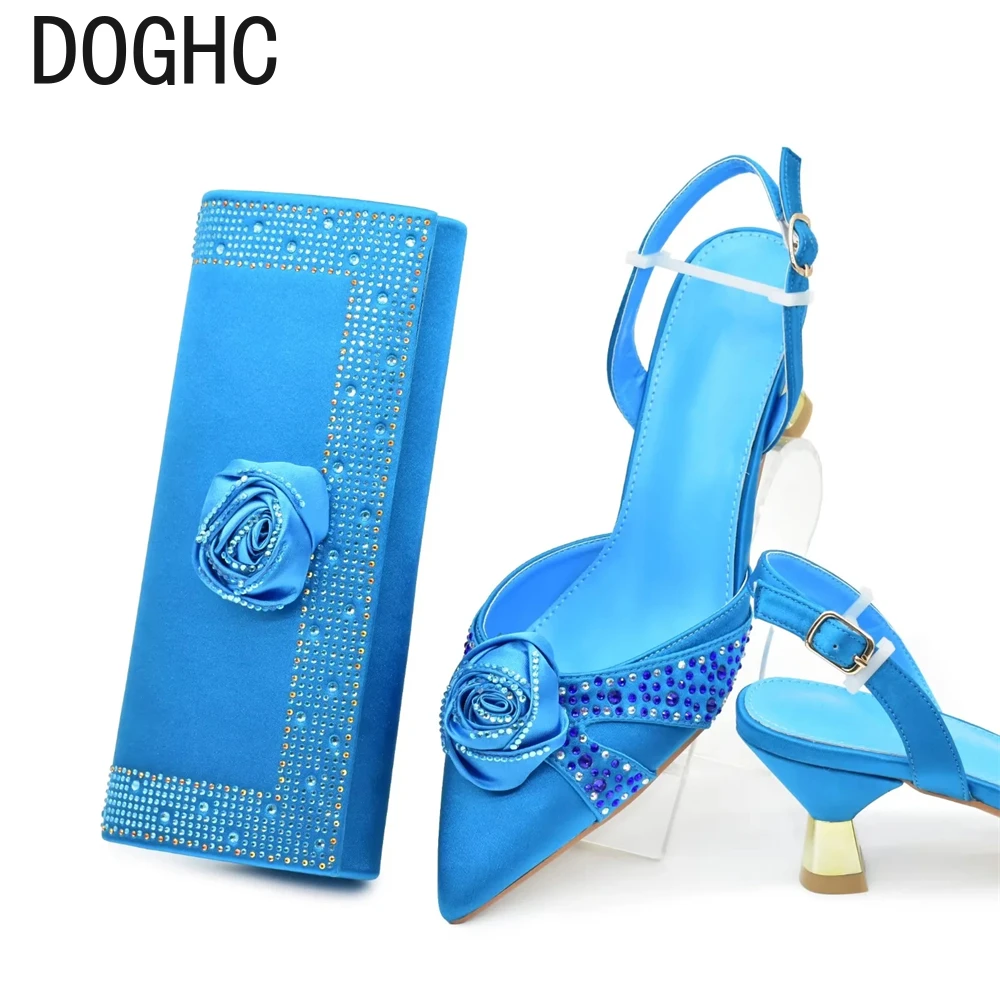 New Arrival African Shoes and Bags Matching Set Decorated with Rhinestone Elegant Woman Heeled Shoes for Wedding Party Pumps