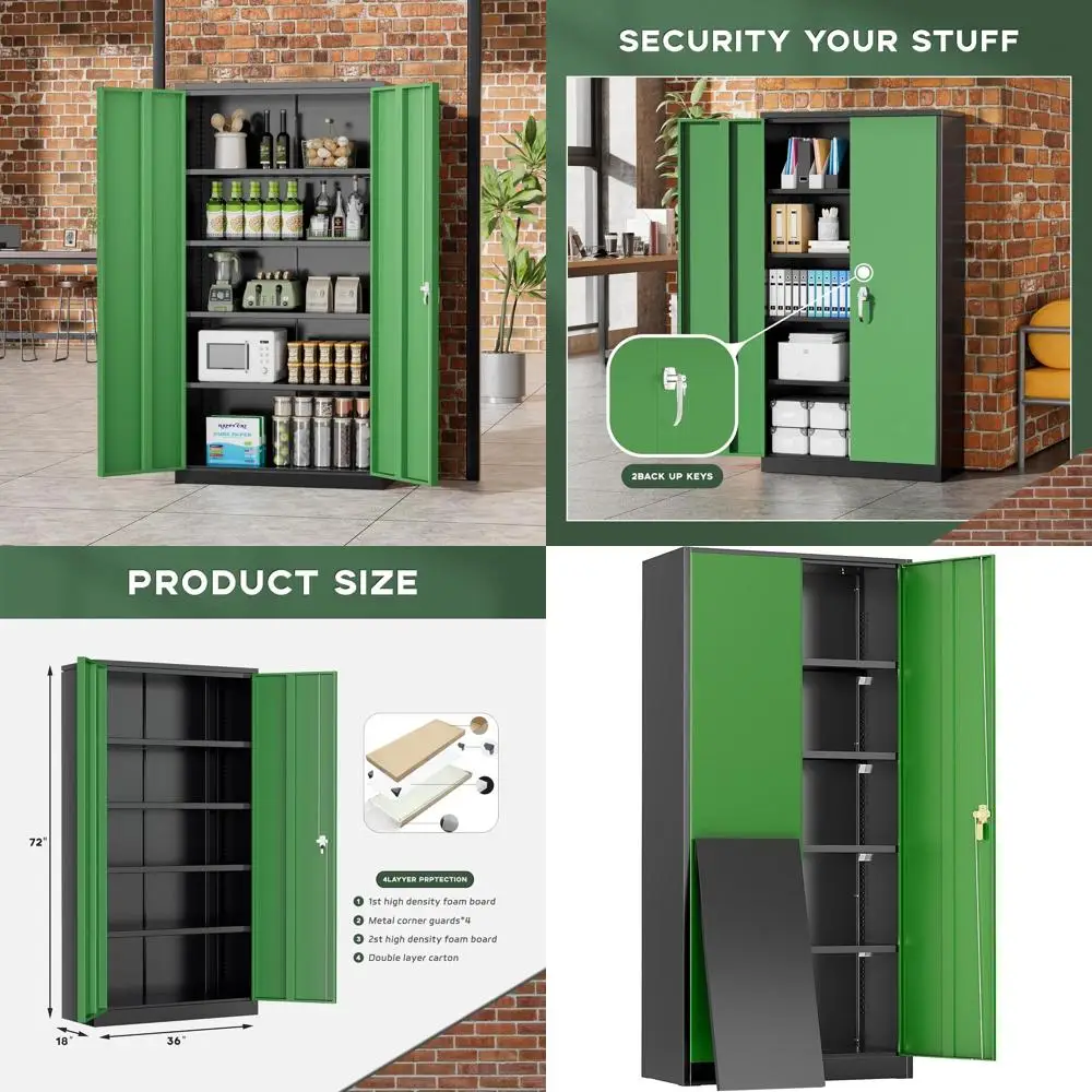 72 Lockable Metal Storage Cabinet with 4 Adjustable Shelves, Ideal for Home, Garage, Office, and School (Green 36 W x 18 D)