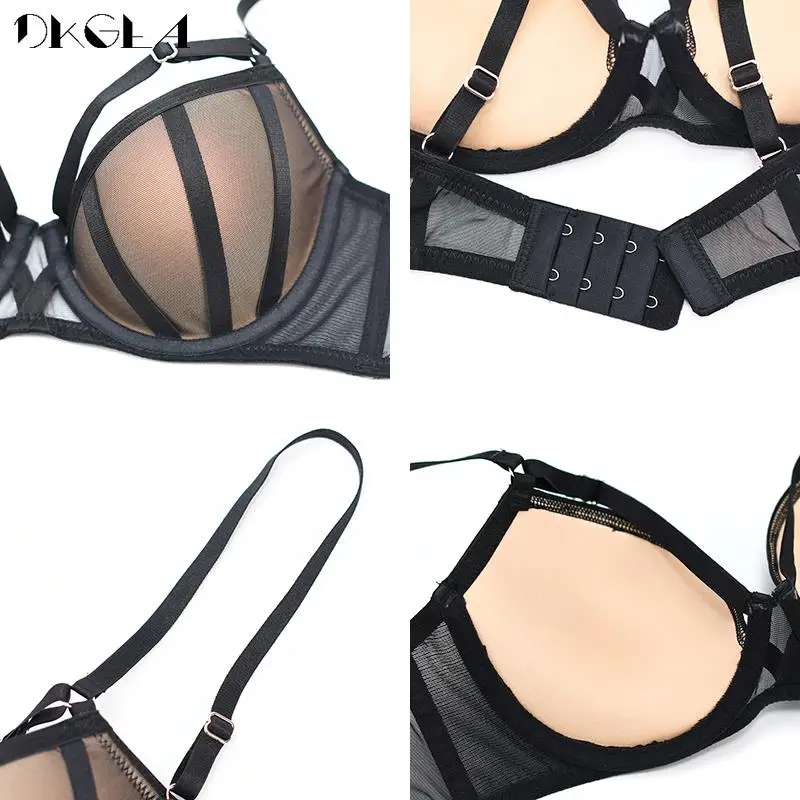 Bandage Push Up Bra Panties Sets Thick Padded Brassiere Fashion Black Deep V Sexy Underwear Set Women Plus Size D Cup Lingerie