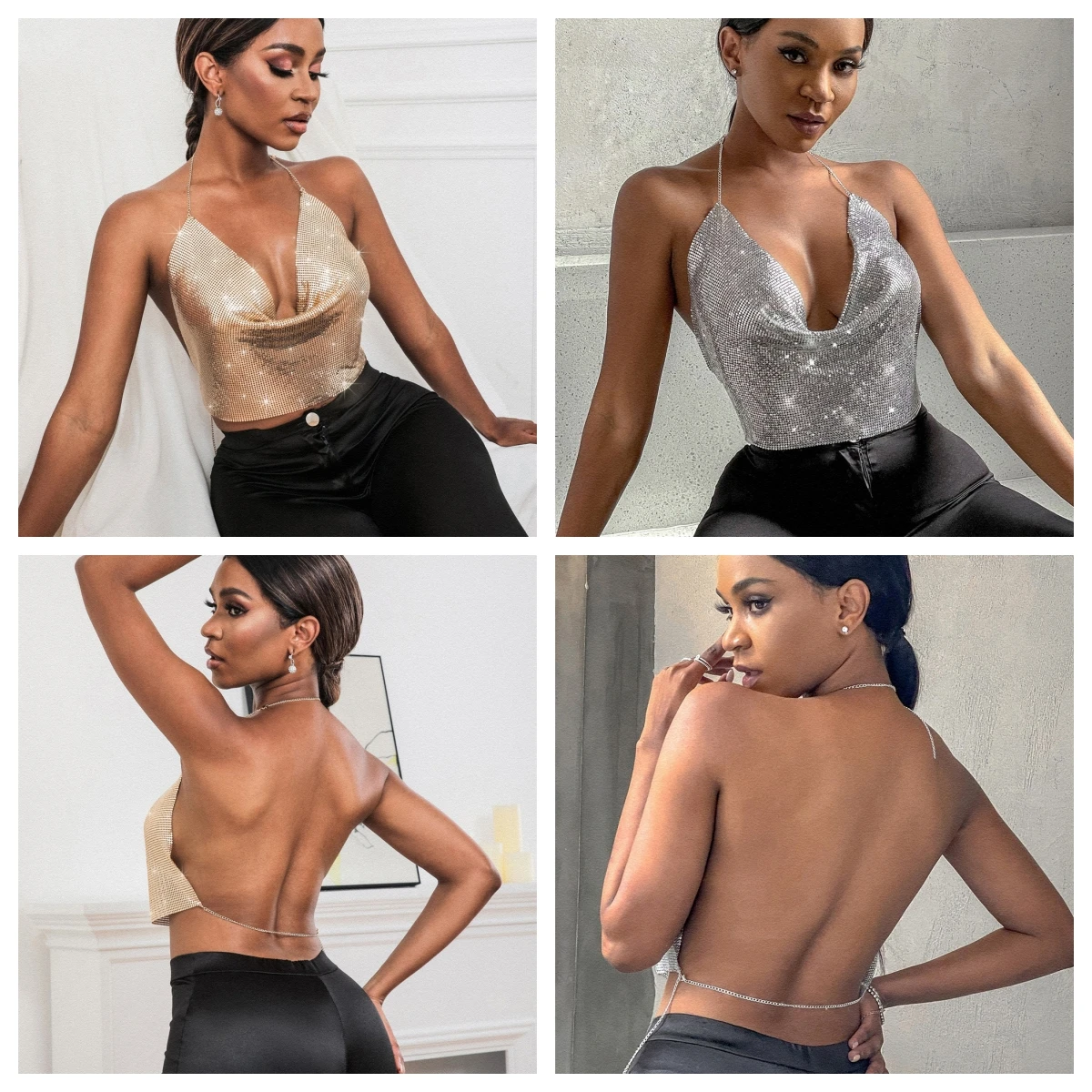 Funkelndes Gold-Silber Metall-Mesh Neckholder-Top für Damen Tiefer V-Ausschnitt Rückenfreies Crop-Top Party Club Nachtausgeh-Oberteil Cami-Weste Drophip – Detail 3