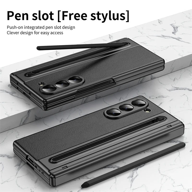 PU Leather Hinge With Touch Pen Slot Phone Case For Samsung Galaxy Fold 6 5 4 3 5G Screen Protector Shockproof Protective Case