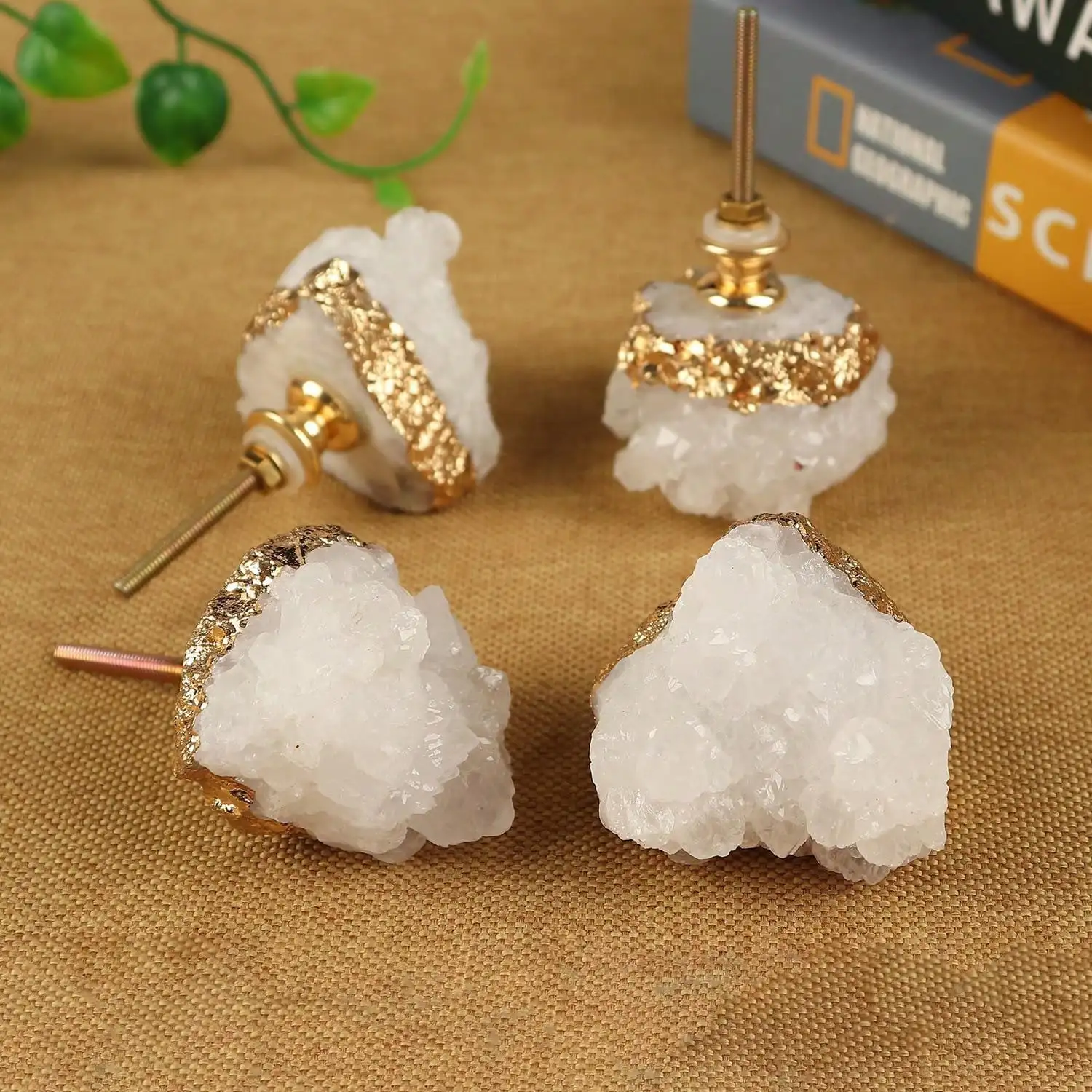 4 Pack Crystal Stone Cabinet Knobs, Quartz  Gold-Plated Handles, Natural Gemstone Cupboard Drawer Pulls For Home Office.