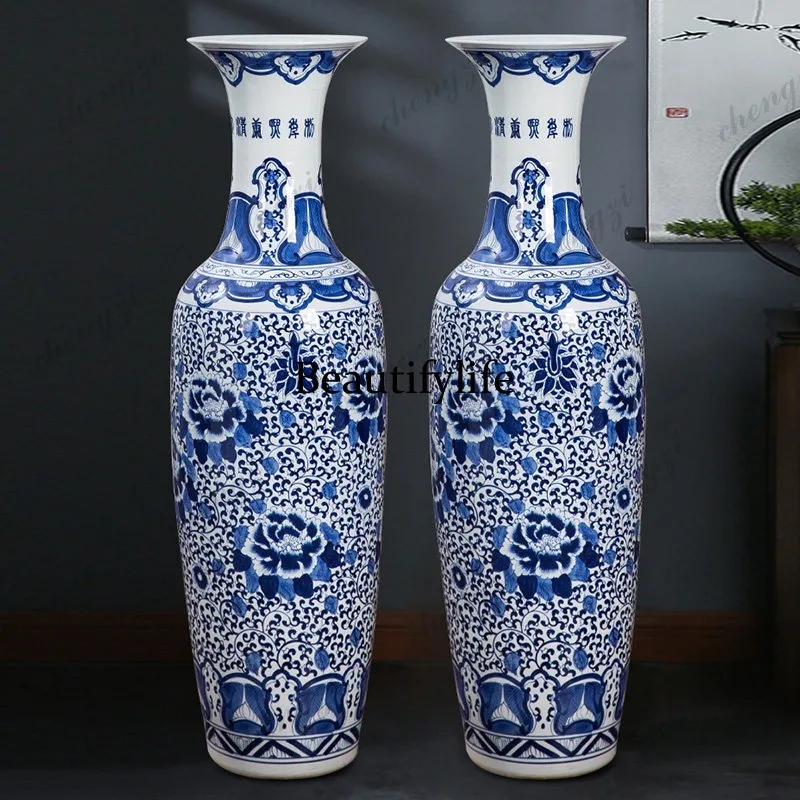 Jingdezhen ceramic hand-painted blue and white porcelain floor-to-ceiling ceramic vase hotel living room home decoration