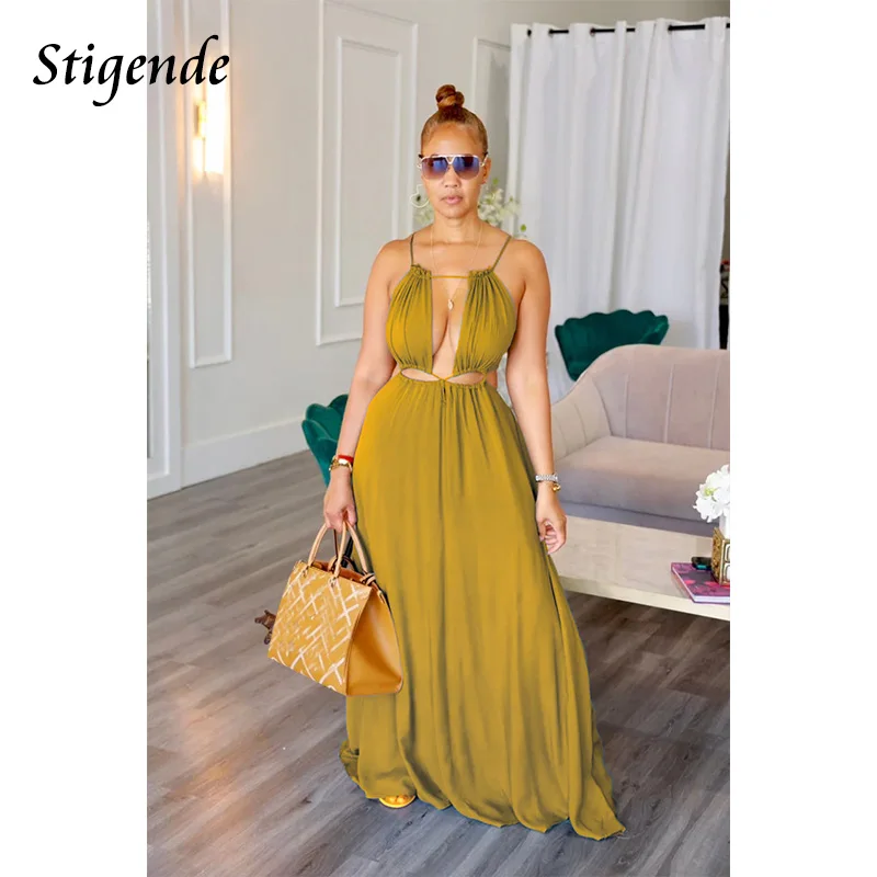 Stigende Women Summer Sleeveless Lace Spaghetti Strap Long Dress