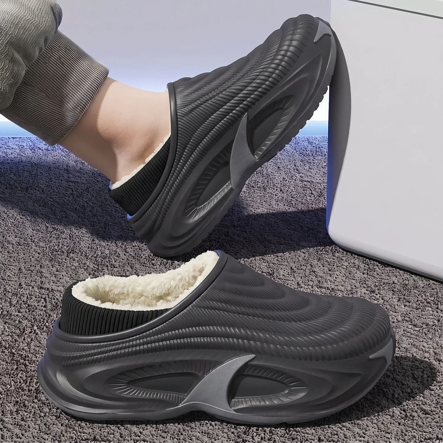 Unisex Winter Chunky Platform Slippers EVA Waterproof Shell Fleece Lined Warm Plush Non‑Slip Fashion Half Slip On House Slippers